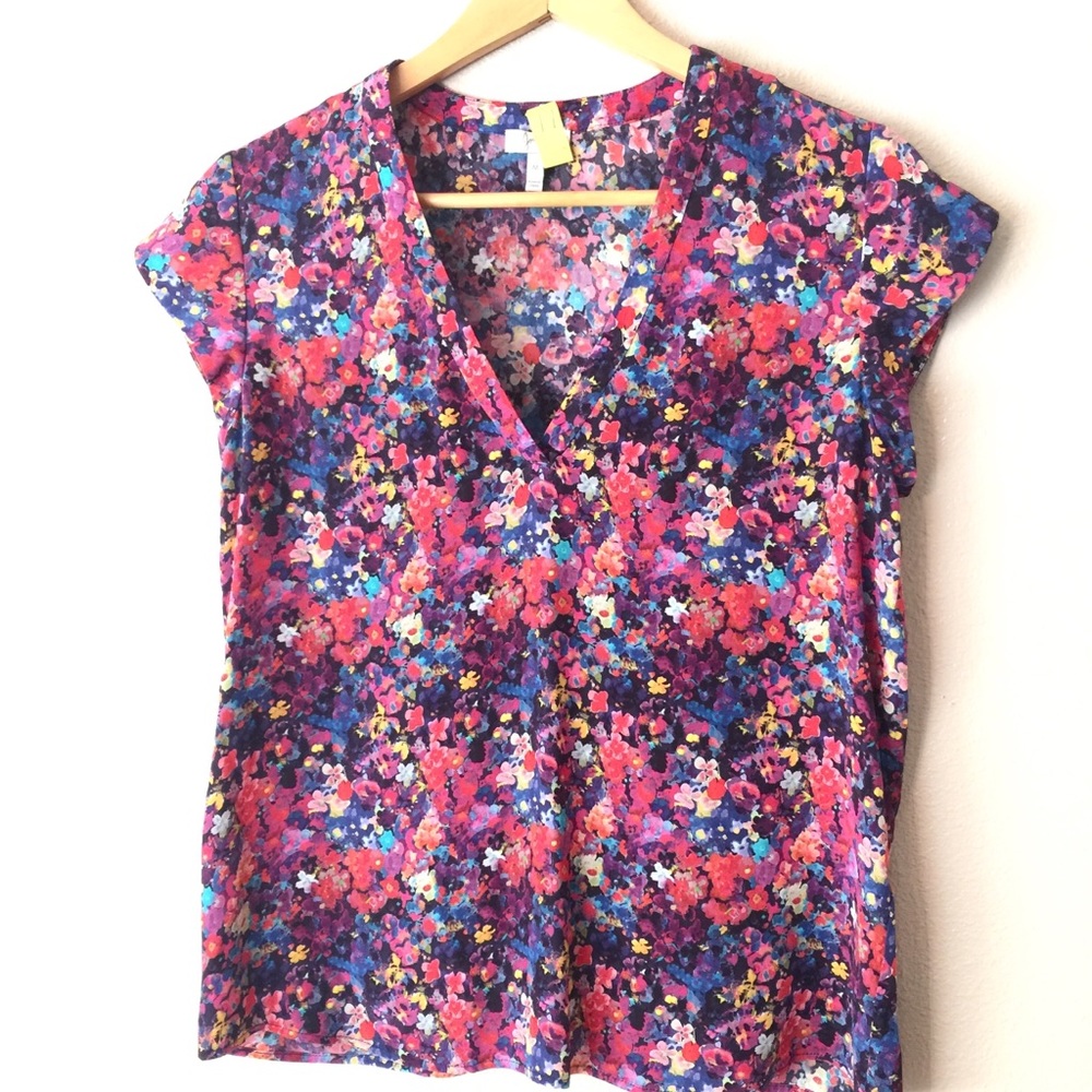 Joie Silk Top Floral Watercolor Cap Sleeves